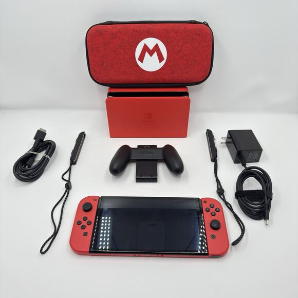Nintendo Switch OLED HEG001 Mario Red Edition 64GB Console Dock Case Bundle - Picture 1 of 16